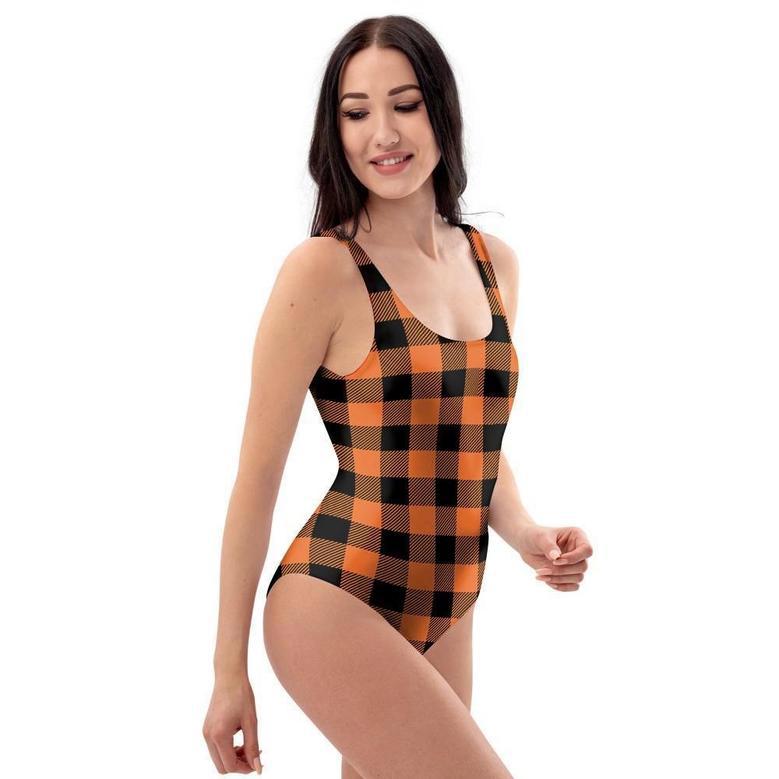 Orange Plaid One Piece Swimsuite