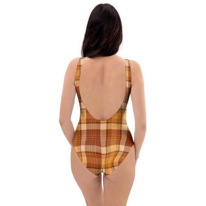 Orange Plaid Tartan Print One Piece Swimsuite