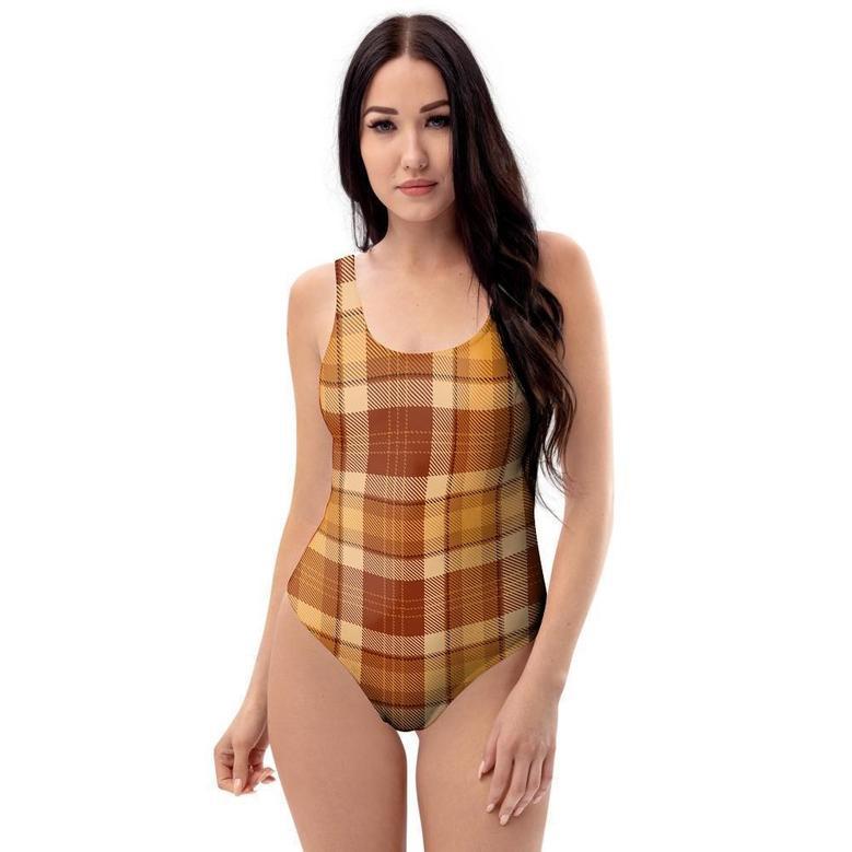 Orange Plaid Tartan Print One Piece Swimsuite