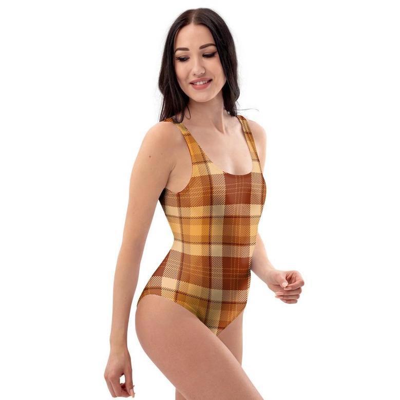 Orange Plaid Tartan Print One Piece Swimsuite