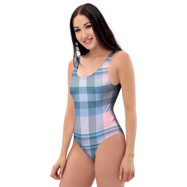 Pastel Blue And Pink Plaid Tartan One Piece Swimsuite