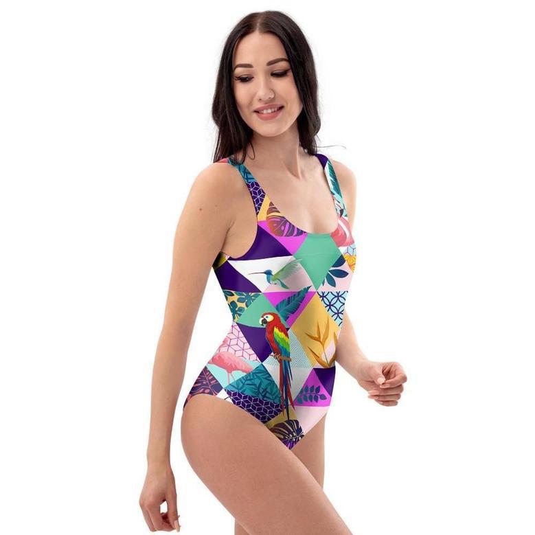 Patchwork Tropical Bird Print One Piece Swimsuite