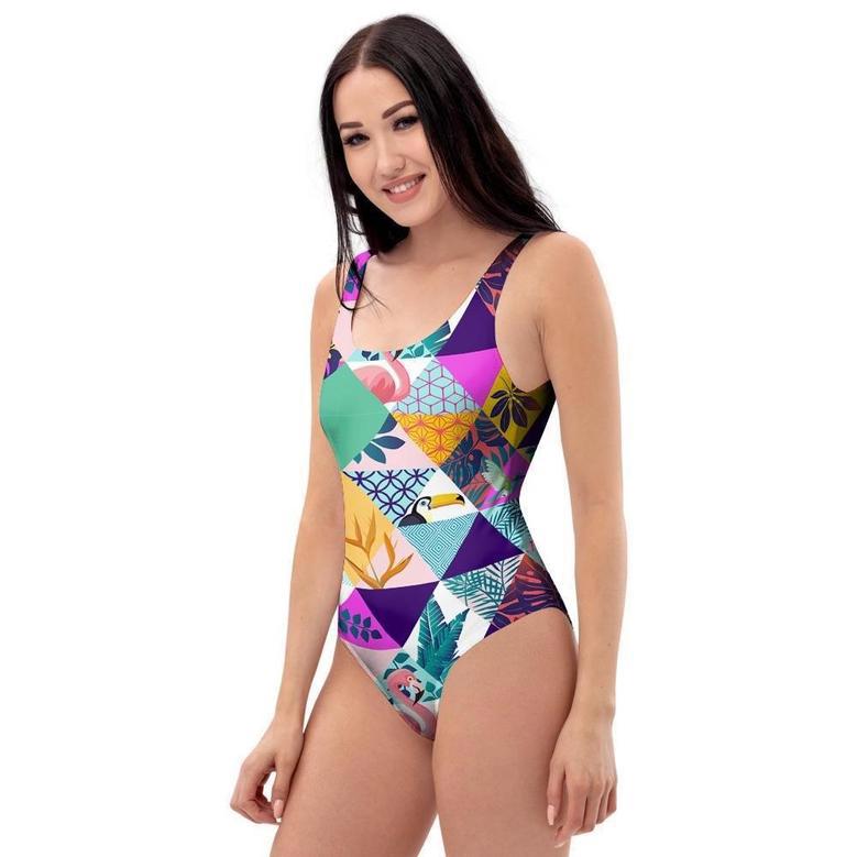 Patchwork Tropical Bird Print One Piece Swimsuite