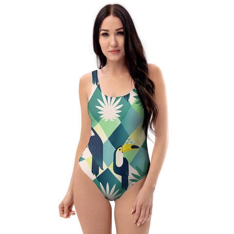 Patchwork Tropical Toucan Print One Piece Swimsuite