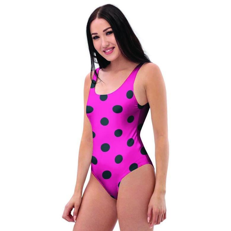 Pink And Black Polka Dot One Piece Swimsuite