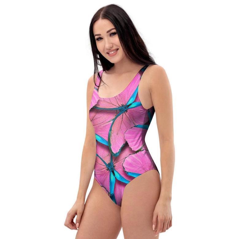 Pink And Blue Butterfly Print One Piece Swimsuite