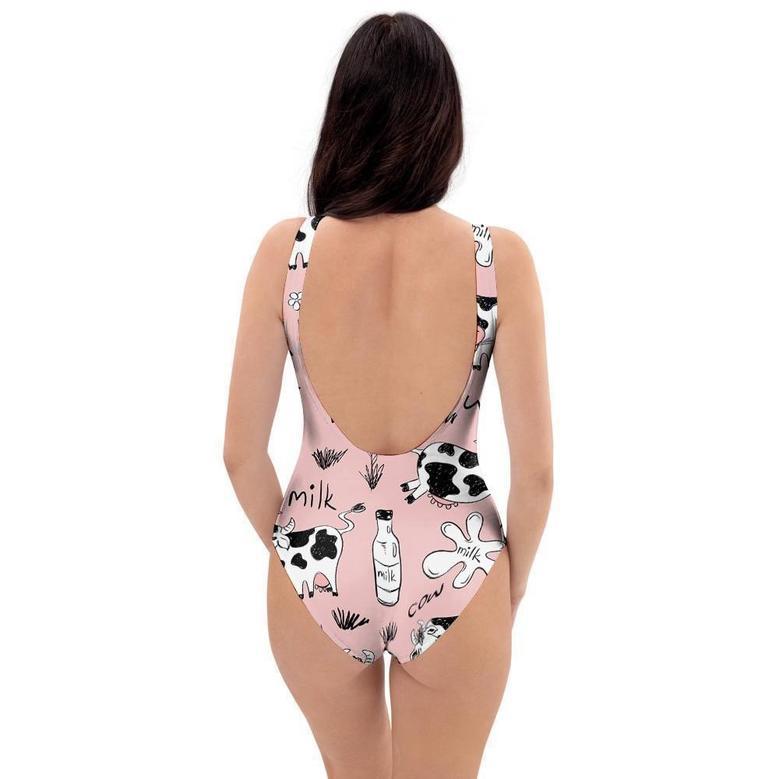 Pink Cow And Milk Print One Piece Swimsuite