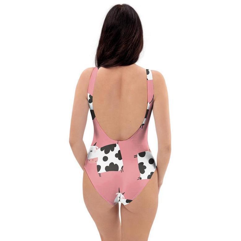 Pink Cow Pattern Print One Piece Swimsuite