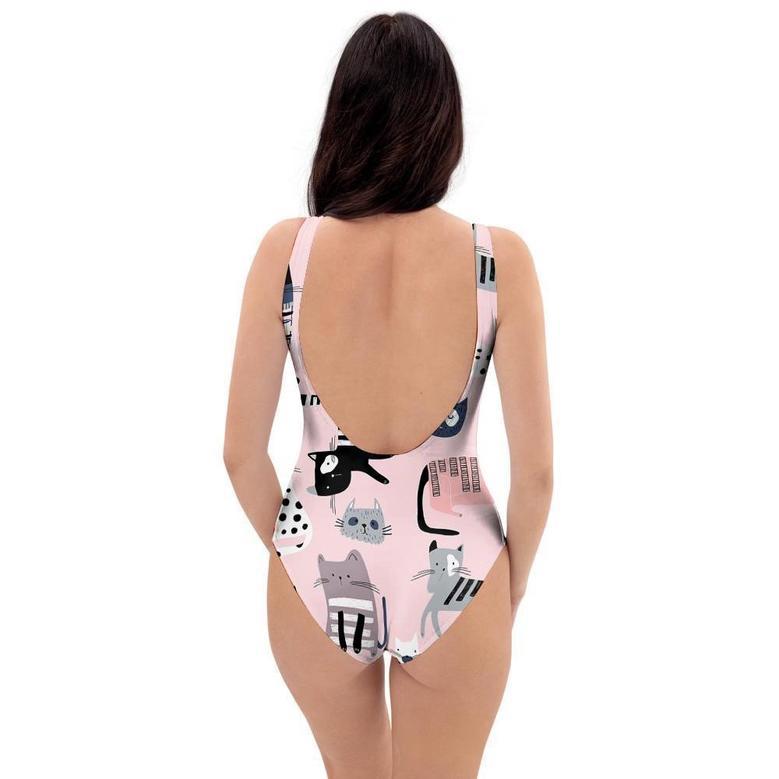 Pink Cute Cat Print One Piece Swimsuite