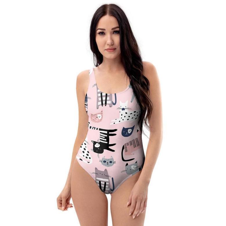 Pink Cute Cat Print One Piece Swimsuite