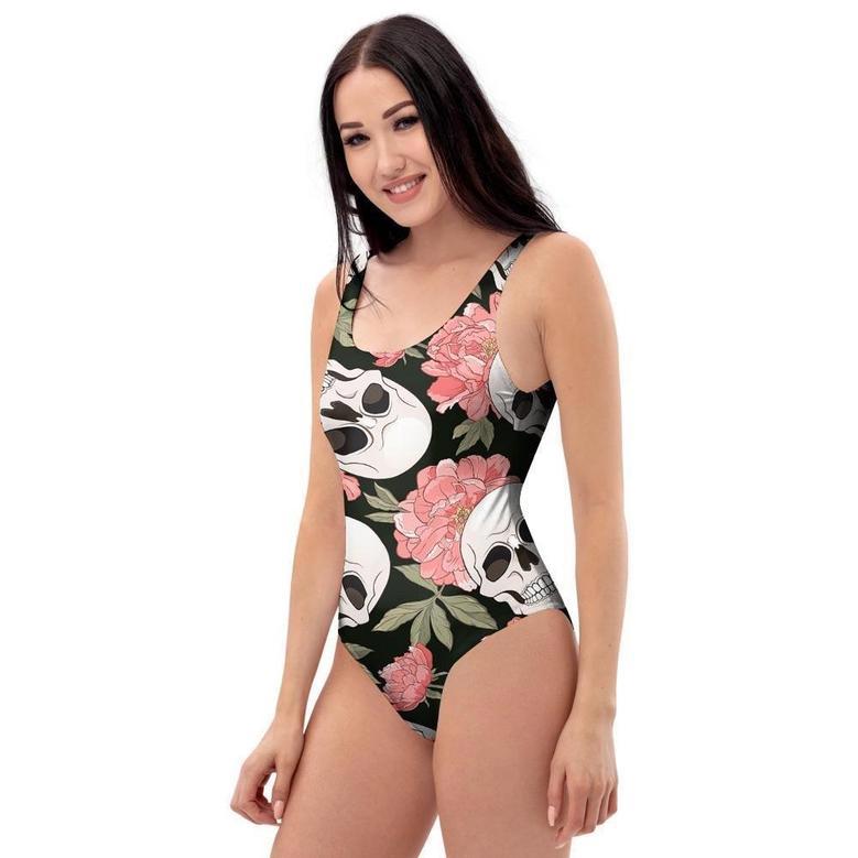 Pink Peony Skull One Piece Swimsuite