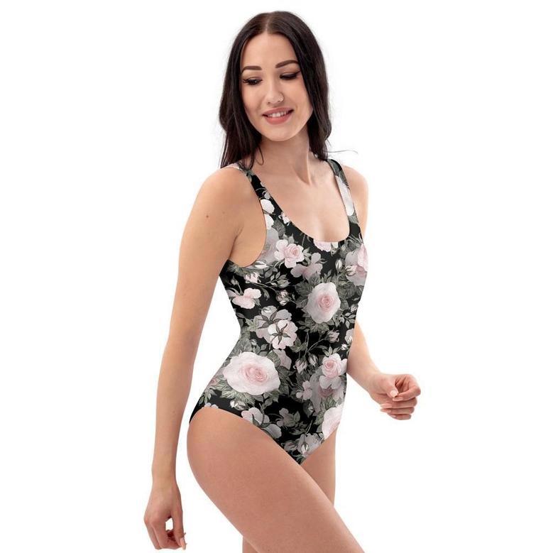 Pink Rose Floral Pattern Print One Piece Swimsuite