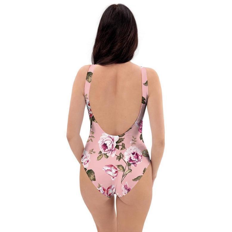 Pink Rose Floral Print One Piece Swimsuite