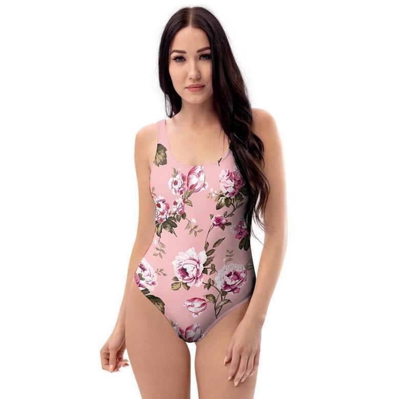 Pink Rose Floral Print One Piece Swimsuite