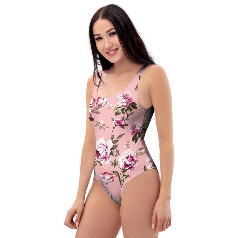 Pink Rose Floral Print One Piece Swimsuite