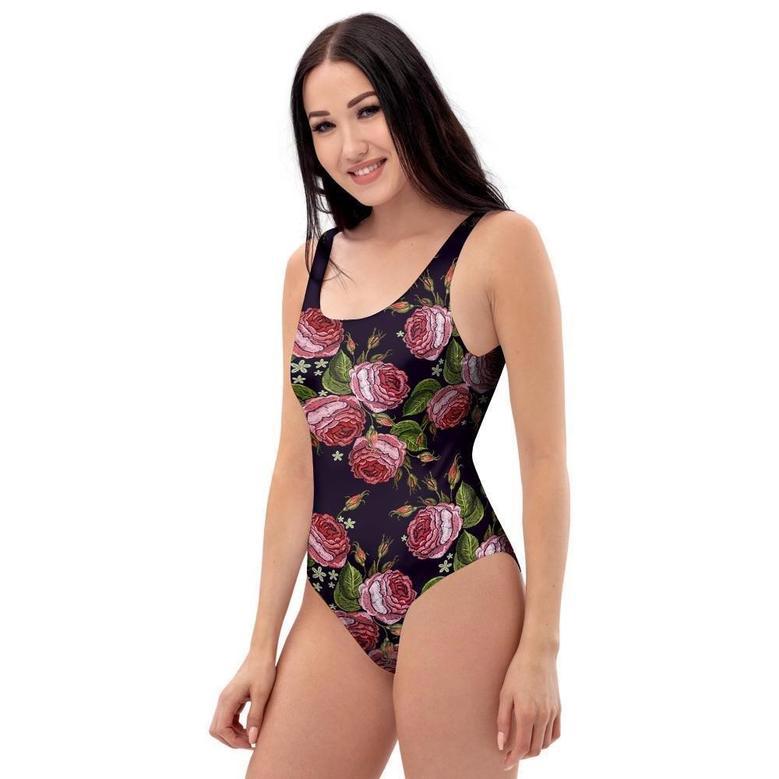 Pink Rose Print One Piece Swimsuite