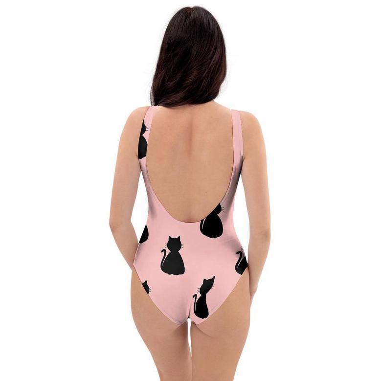 Pink Silhouette Cat Print One Piece Swimsuite