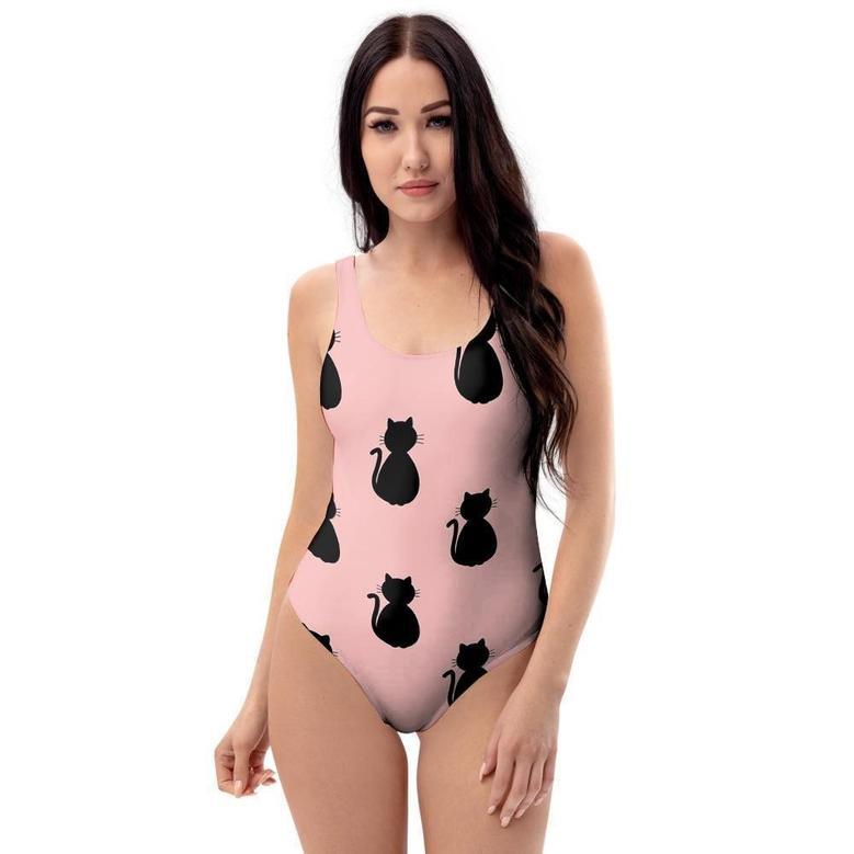 Pink Silhouette Cat Print One Piece Swimsuite