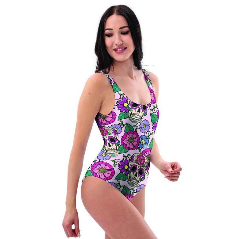 Pink Sugar Skull Floral One Piece Swimsuite