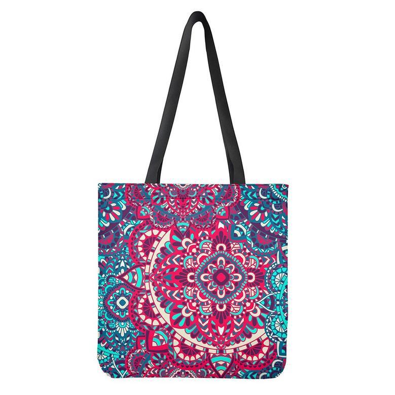 Pink Teal Bohemian Mandala Pattern Print Tote Bag