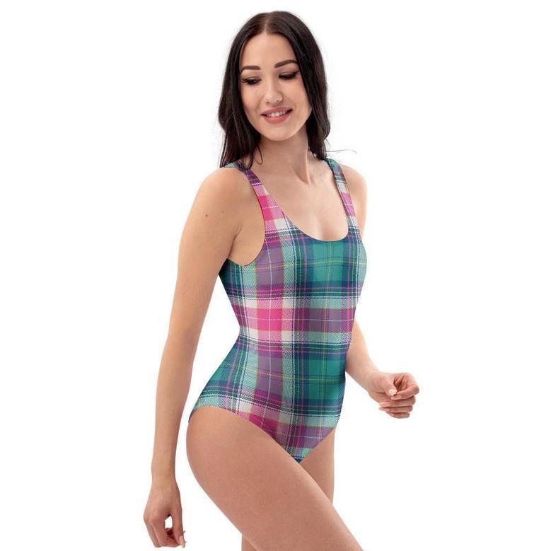 Pink Teal Plaid Tartan One Piece Swimsuite