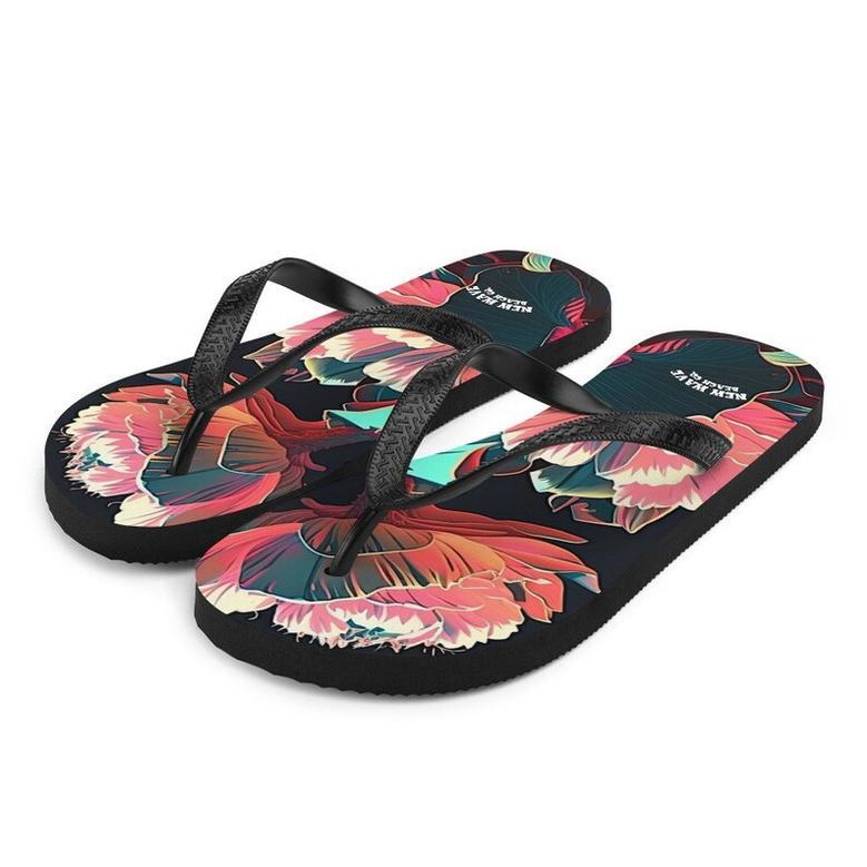 Pink Tropical Flower Flip Flops Colorful.