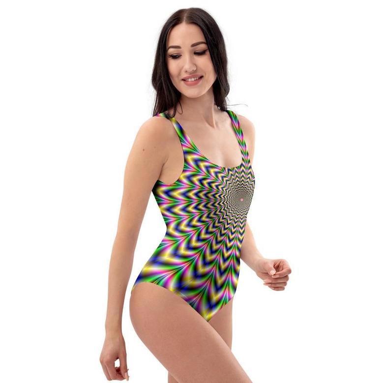 Psychedelic Blue Optical Illusion One Piece Swimsuite