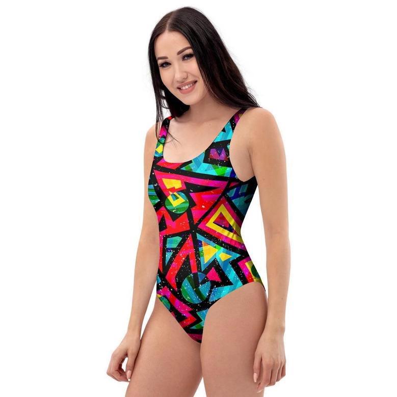 Psychedelic Geometric Print One Piece Swimsuite