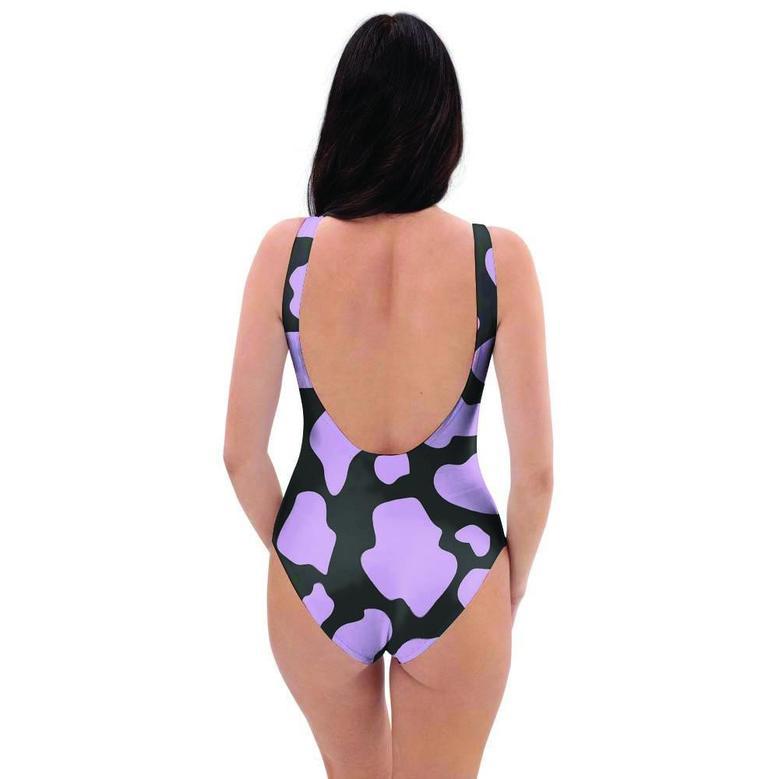 Purple And Black Cow Print One Piece Swimsuite