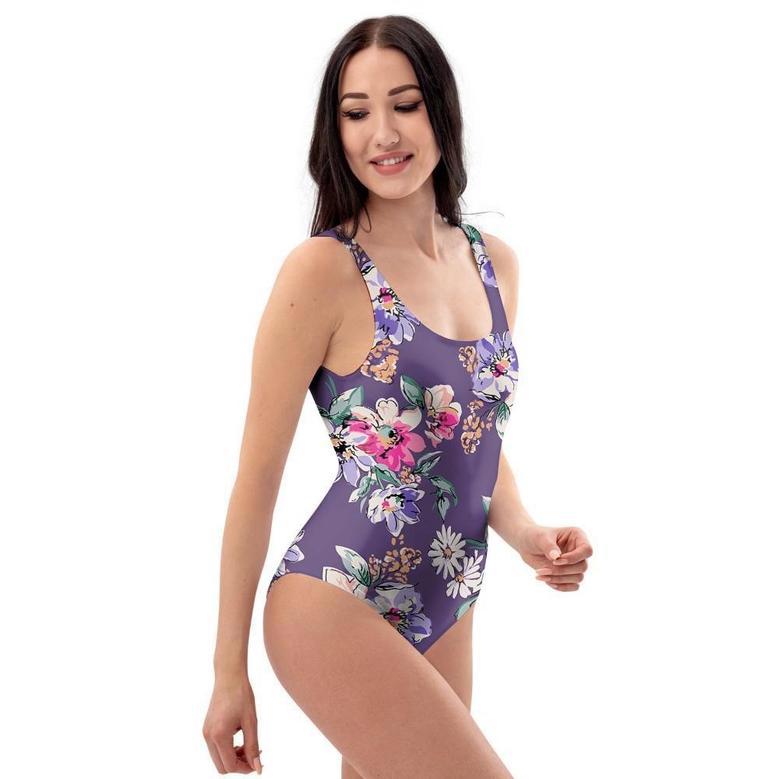 Purple Floral Print One Piece Swimsuite