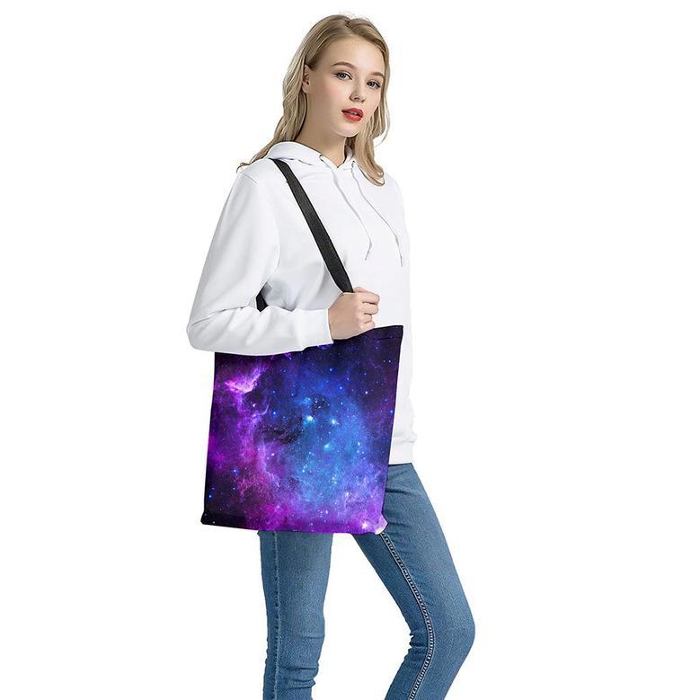 Purple Galaxy Space Blue Starfield Print Tote Bag