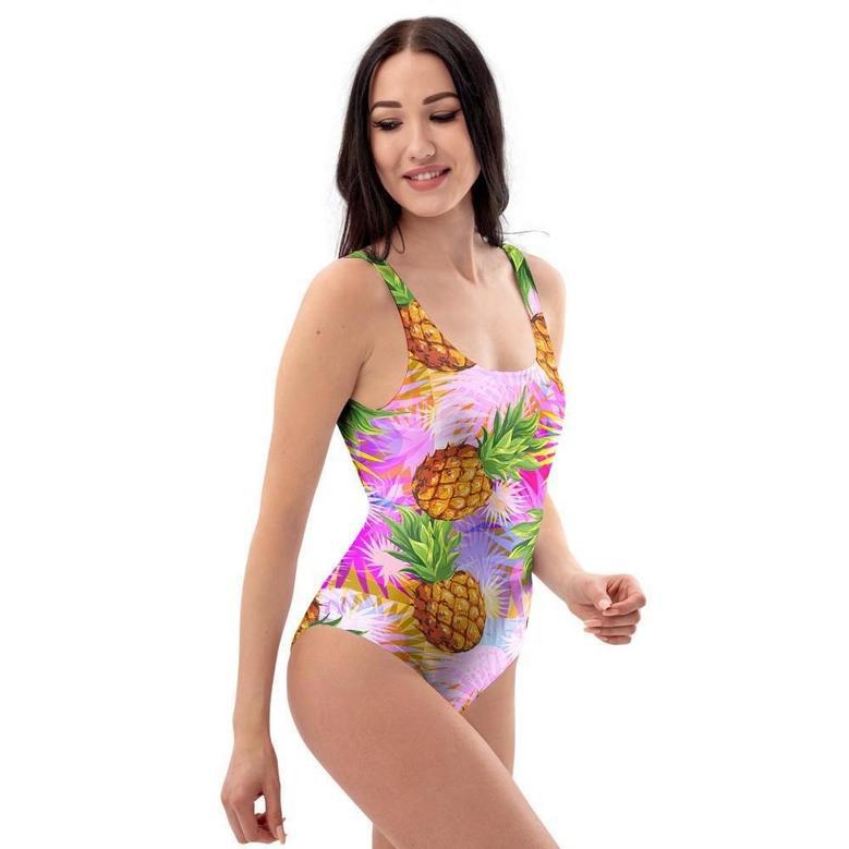 Purple Neon Pineapple Hawaiian Print One Piece Swimsuite