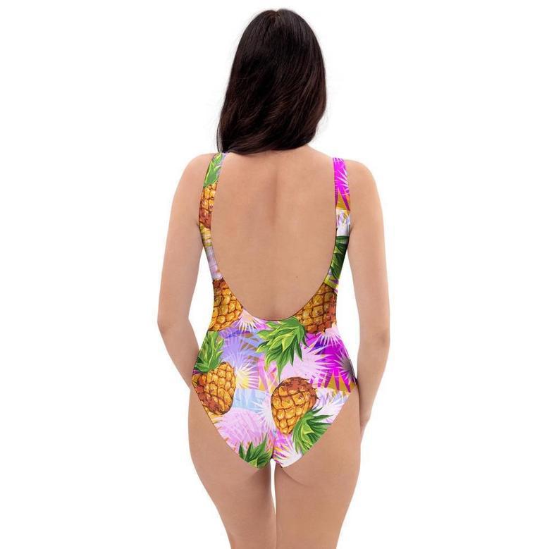 Purple Neon Pineapple Hawaiian Print One Piece Swimsuite