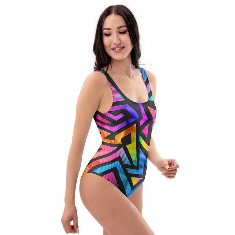 Rainbow Geometric Abstract One Piece Swimsuite