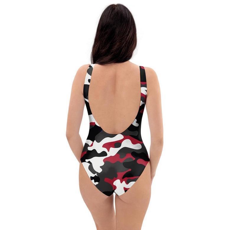 Red And Black Camouflage Print One Piece Swimsuite