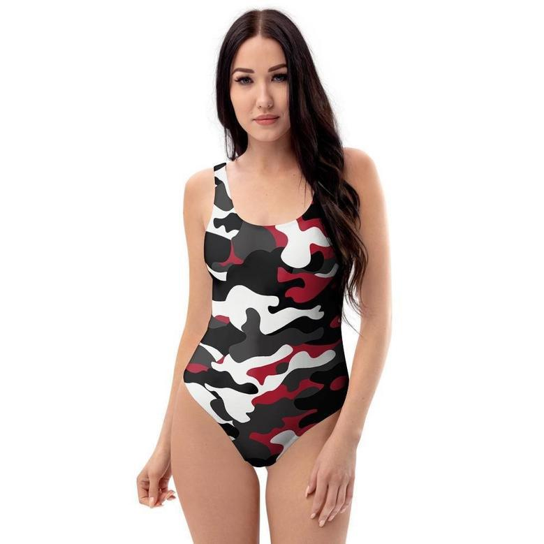 Red And Black Camouflage Print One Piece Swimsuite