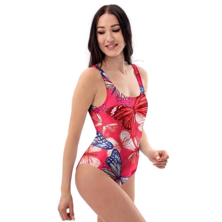 Red And Blue Butterfly Print One Piece Swimsuite