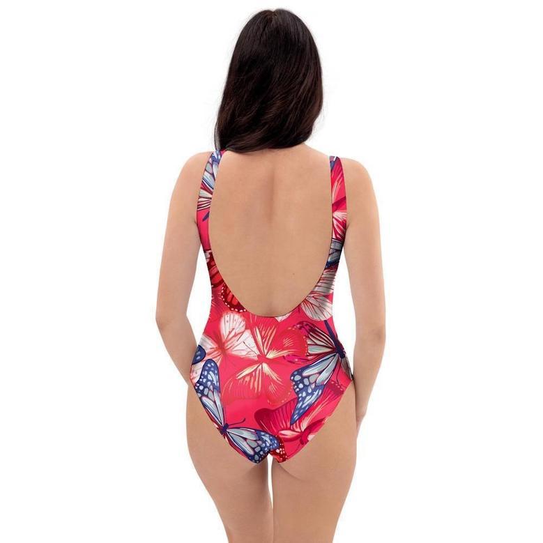 Red And Blue Butterfly Print One Piece Swimsuite