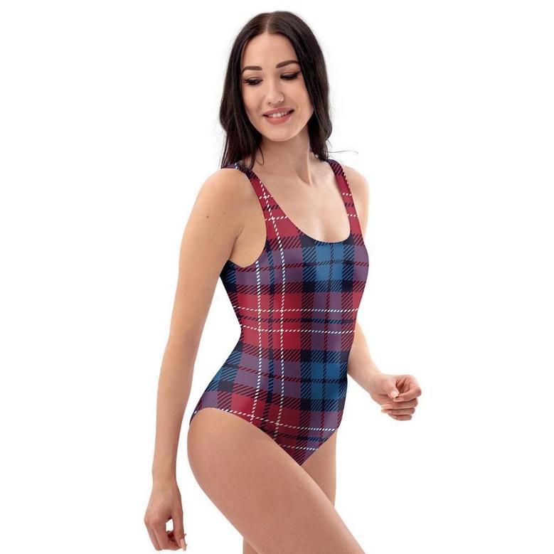 Red And Blue Plaid Tartan One Piece Swimsuite