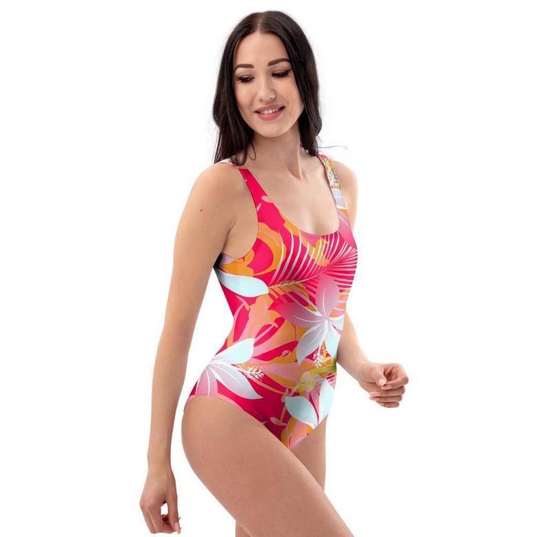 Red And Orange Hibiscus Hawaiian Print One Piece Swimsuite