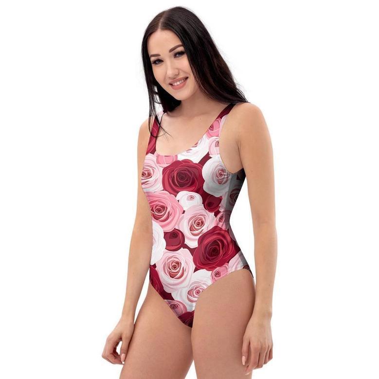 Red And Pink Rose Floral One Piece Swimsuite