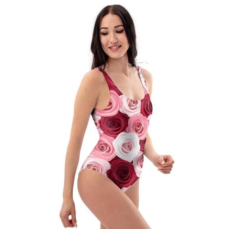 Red And Pink Rose Floral One Piece Swimsuite