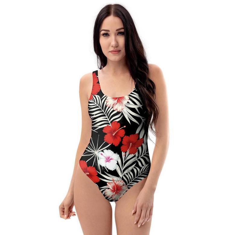 Red And White Hibiscus Flowers Hawaiian Print One Piece Swimsuite