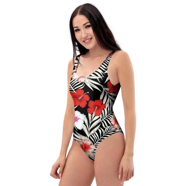 Red And White Hibiscus Flowers Hawaiian Print One Piece Swimsuite