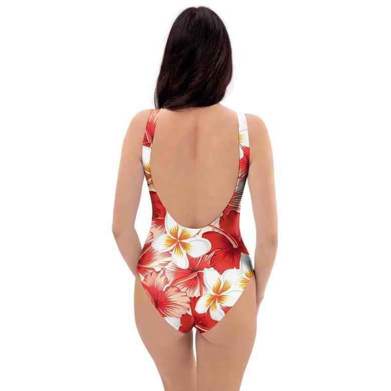 Red And White Hibiscus Hawaiian Print One Piece Swimsuite