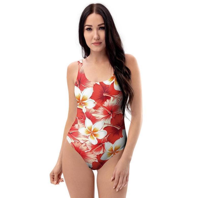 Red And White Hibiscus Hawaiian Print One Piece Swimsuite