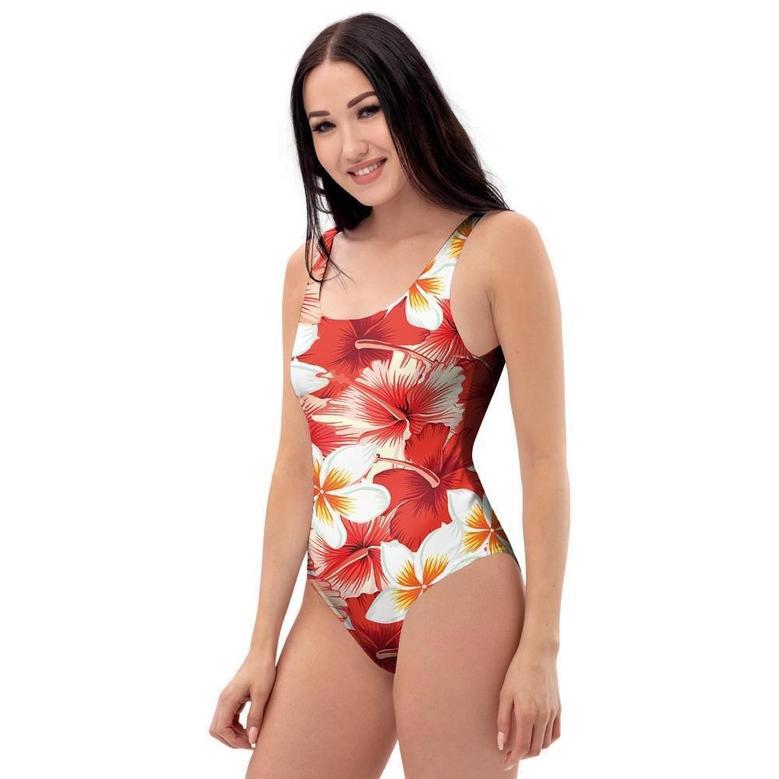 Red And White Hibiscus Hawaiian Print One Piece Swimsuite