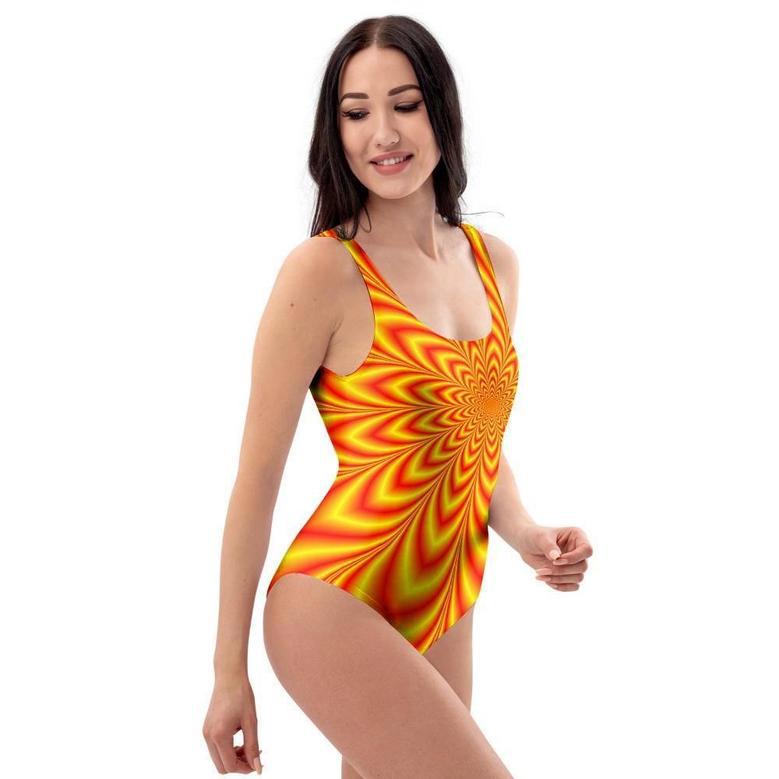 Red And Yellow Abstract Optical Illusion One Piece Swimsuite