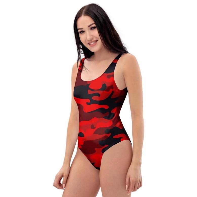 Red Camo Print One Piece Swimsuite