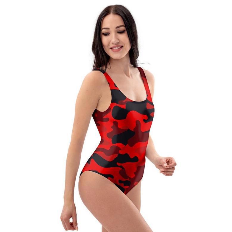 Red Camo Print One Piece Swimsuite